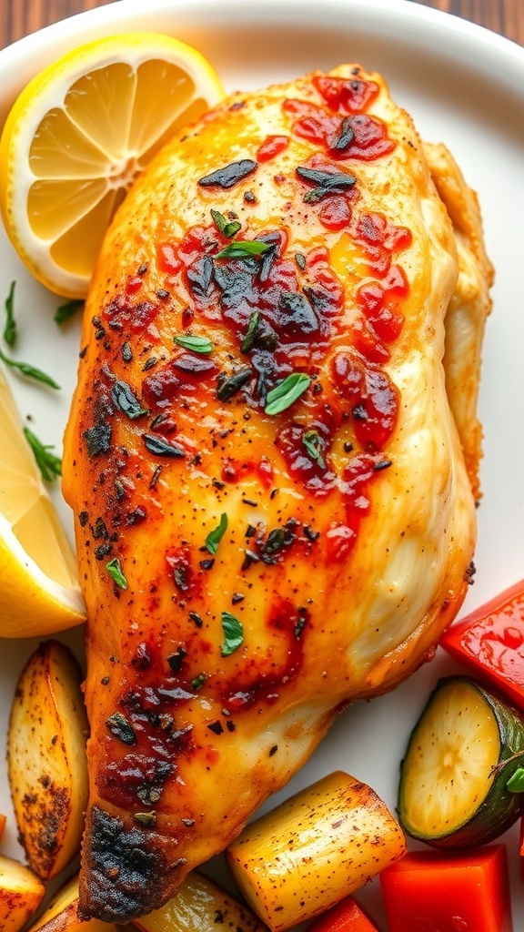 Oven-Baked Chicken Breast Recipe Oven-baked chicken breast on a plate with roasted vegetables and lemon.